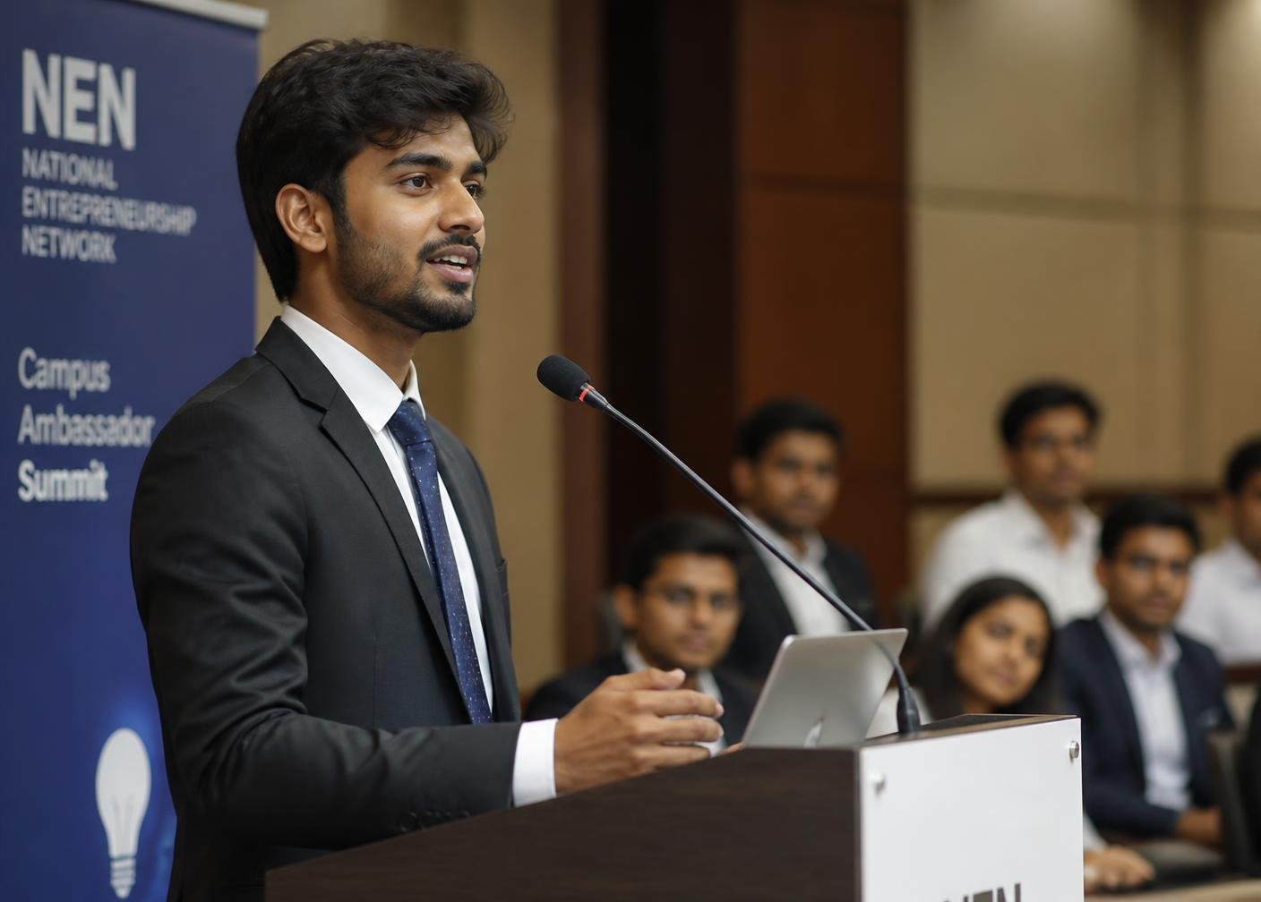 A student speaking at a podium during a campus seminar