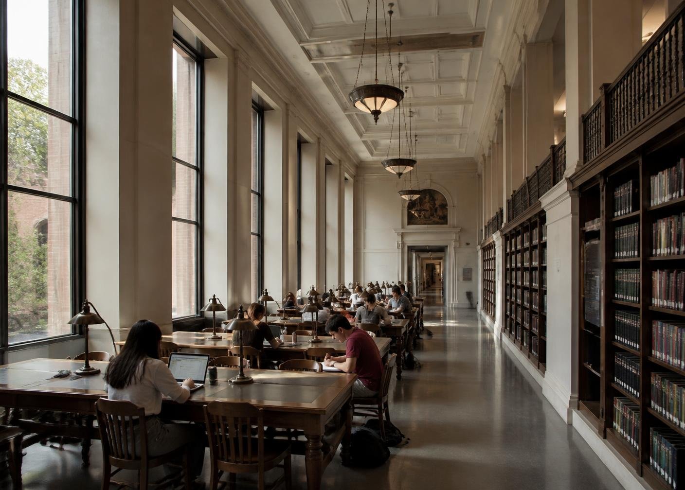 Library reading room with long study tables and daylight